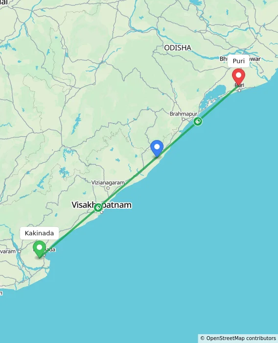 Route map showing distance and travel time from Kakinada, India to Puri, India