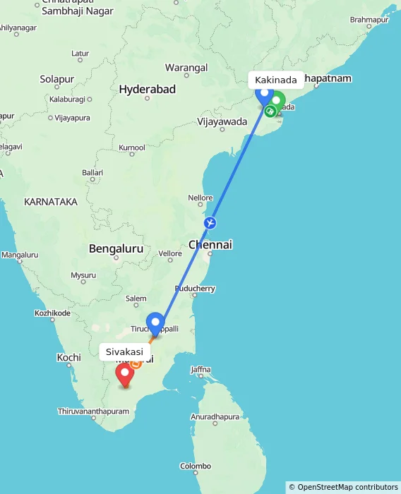 Route map showing distance and travel time from Kakinada, India to Sivakasi, India