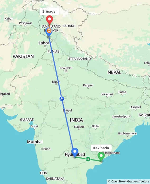 Route map showing distance and travel time from Kakinada, India to Srinagar, India