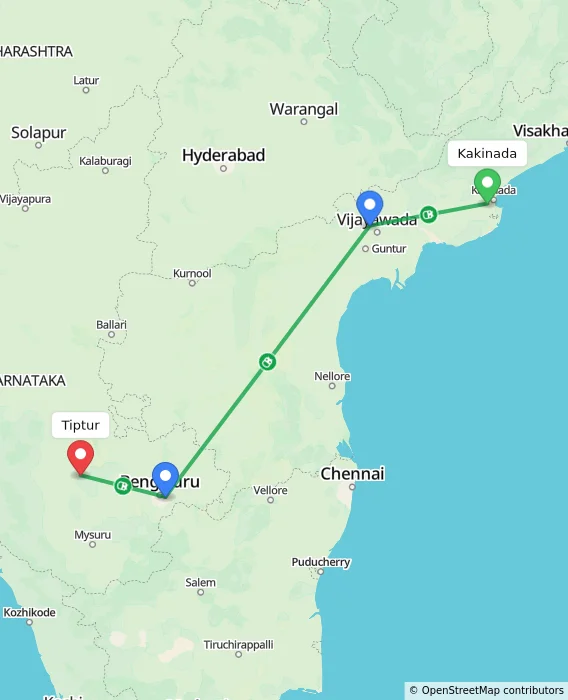 Route map showing distance and travel time from Kakinada, India to Tiptur, India