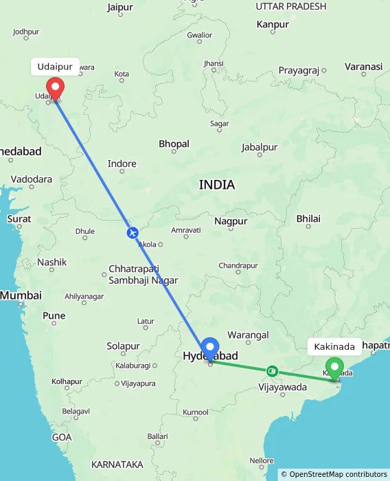 Route map showing distance and travel time from Kakinada, India to Udaipur, India