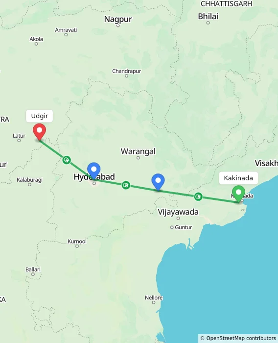 Route map showing distance and travel time from Kakinada, India to Udgir, India