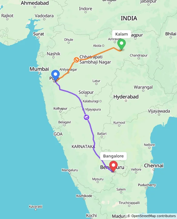 Route map showing distance and travel time from Kalam, India to Bangalore, India