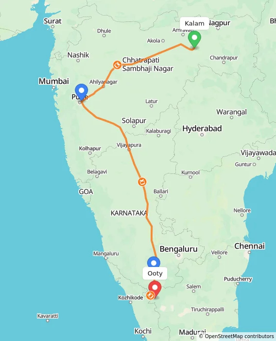 Route map showing distance and travel time from Kalam, India to Ooty, India