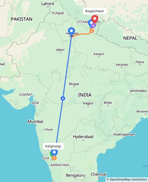 Route map showing distance and travel time from Kalghatgi, India to Bageshwar, India