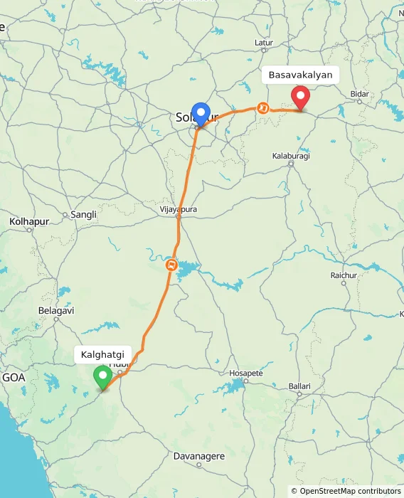 Route map showing distance and travel time from Kalghatgi, India to Basavakalyan, India