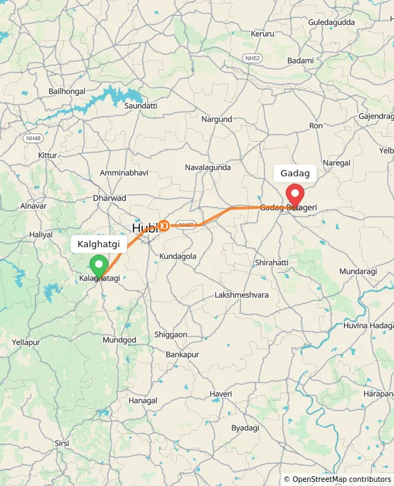 Route map showing distance and travel time from Kalghatgi, India to Gadag, India