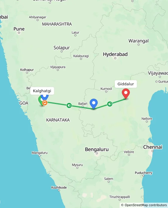 Route map showing distance and travel time from Kalghatgi, India to Giddalur, India