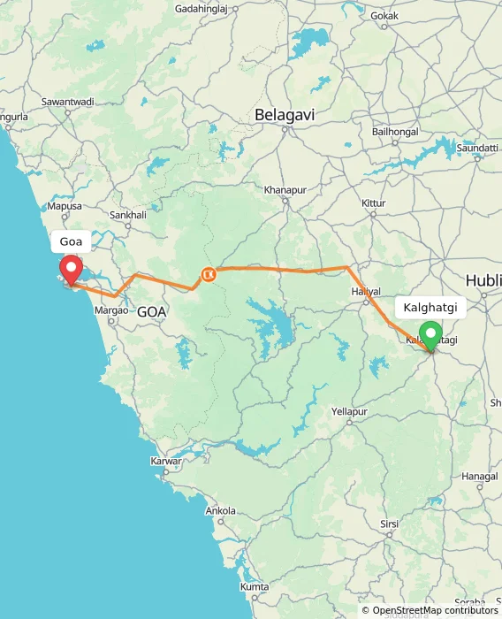 Route map showing distance and travel time from Kalghatgi, India to Goa, India