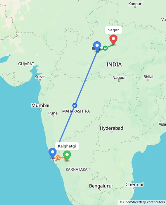 Route map showing distance and travel time from Kalghatgi, India to Sagar, India