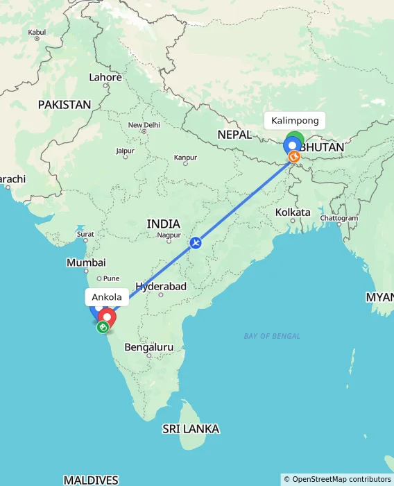 Route map showing distance and travel time from Kalimpong, India to Ankola, India