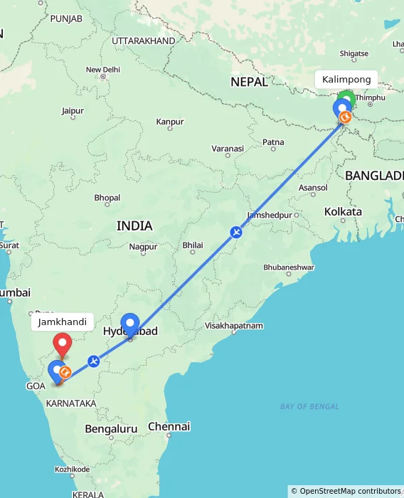 Route map showing distance and travel time from Kalimpong, India to Jamkhandi, India