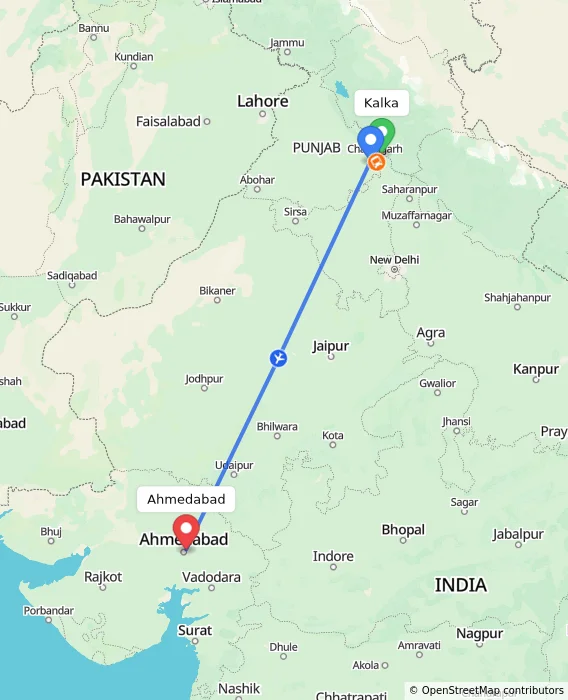 Route map showing distance and travel time from Kalka, India to Ahmedabad, India