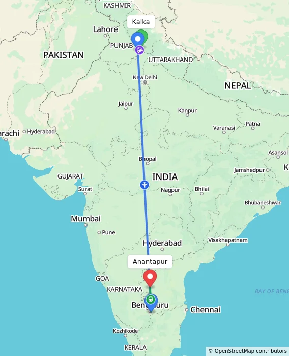 Route map showing distance and travel time from Kalka, India to Anantapur, India