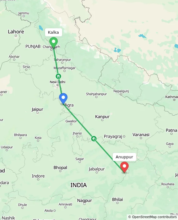 Route map showing distance and travel time from Kalka, India to Anuppur, India
