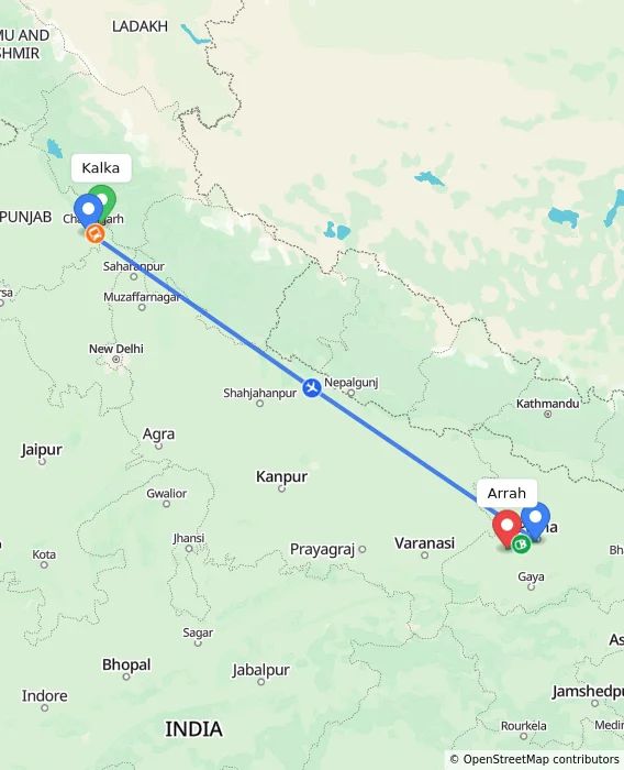 Route map showing distance and travel time from Kalka, India to Arrah, India