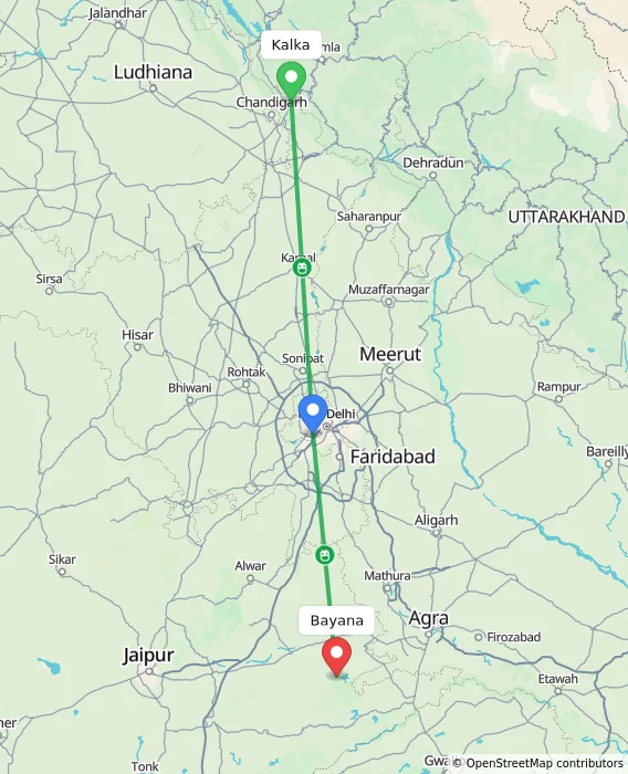 Route map showing distance and travel time from Kalka, India to Bayana, India