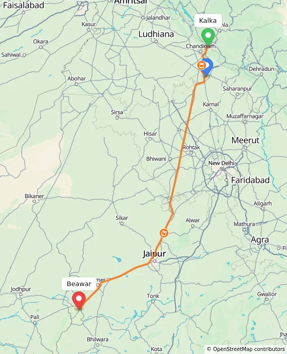 Route map showing distance and travel time from Kalka, India to Beawar, India