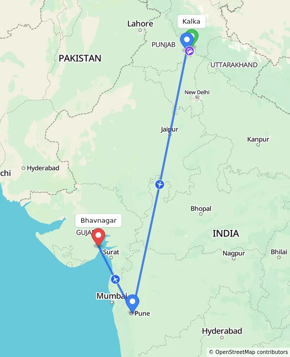 Route map showing distance and travel time from Kalka, India to Bhavnagar, India