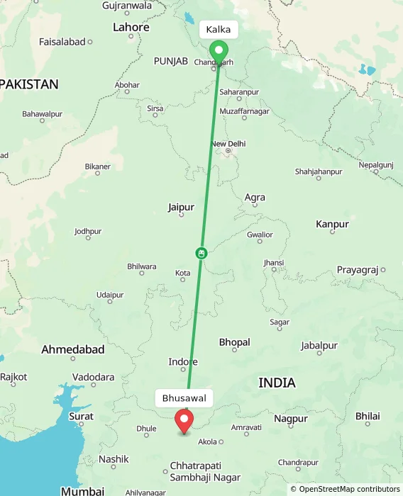 Route map showing distance and travel time from Kalka, India to Bhusawal, India