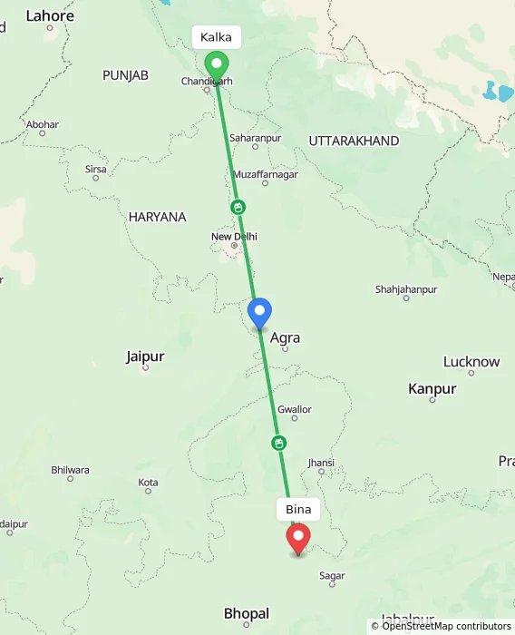Route map showing distance and travel time from Kalka, India to Bina, India