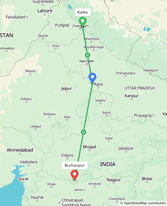 Route map showing distance and travel time from Kalka, India to Burhanpur, India