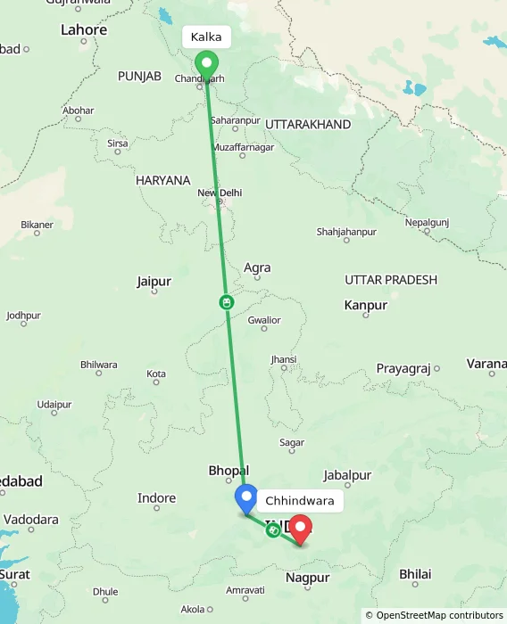 Route map showing distance and travel time from Kalka, India to Chhindwara, India