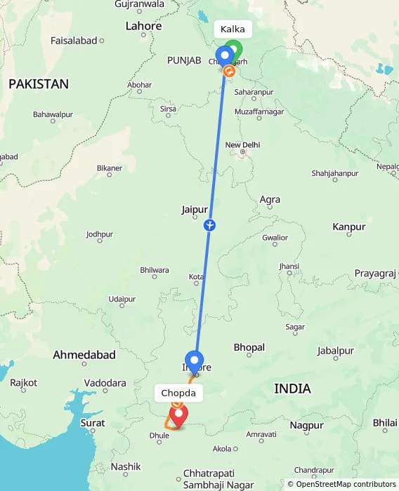 Route map showing distance and travel time from Kalka, India to Chopda, India