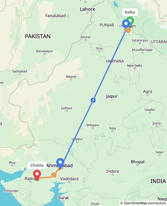 Route map showing distance and travel time from Kalka, India to Chotila, India