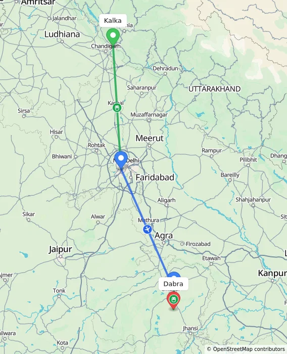 Route map showing distance and travel time from Kalka, India to Dabra, India