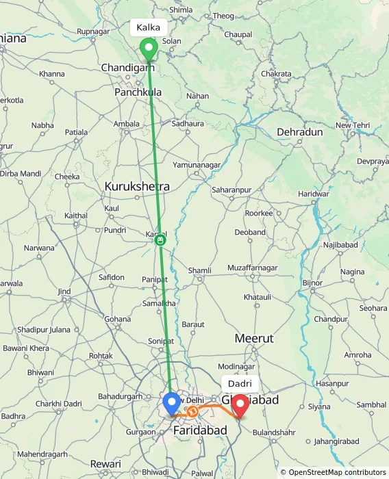 Route map showing distance and travel time from Kalka, India to Dadri, India