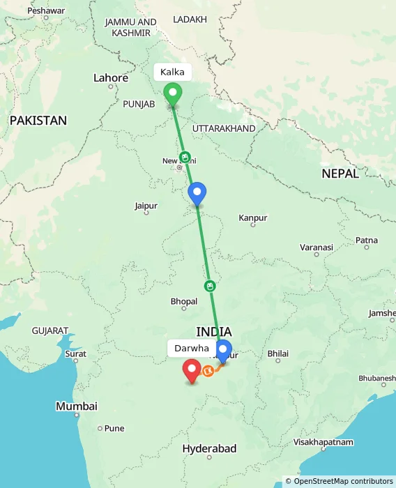 Route map showing distance and travel time from Kalka, India to Darwha, India