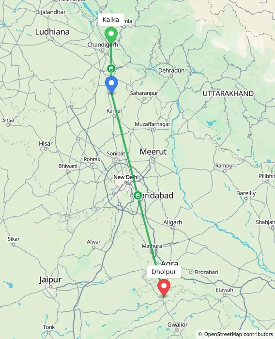 Route map showing distance and travel time from Kalka, India to Dholpur, India