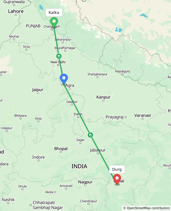 Route map showing distance and travel time from Kalka, India to Durg, India