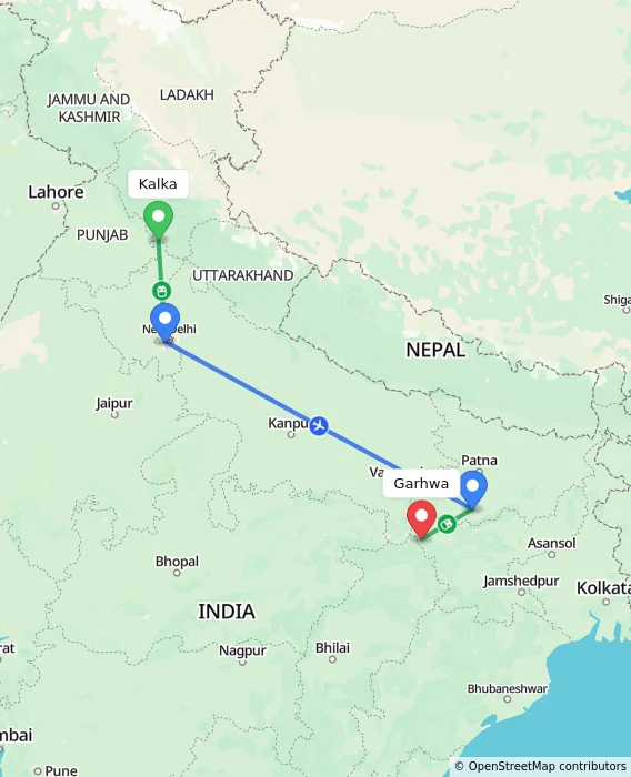 Route map showing distance and travel time from Kalka, India to Garhwa, India