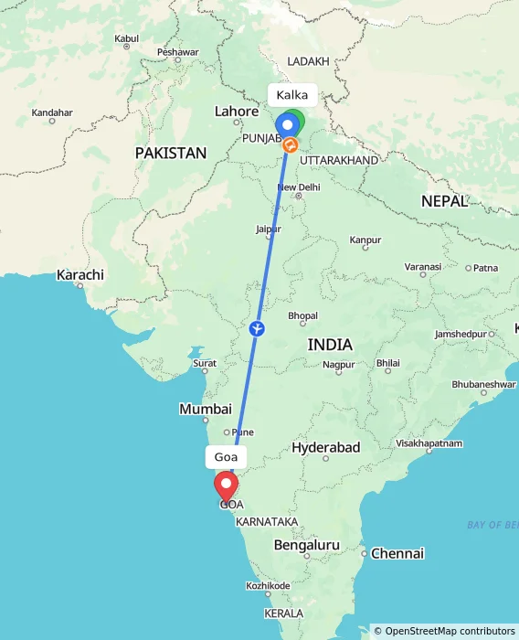 Route map showing distance and travel time from Kalka, India to Goa, India