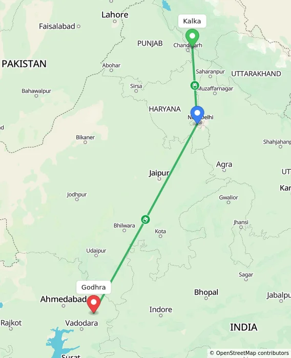 Route map showing distance and travel time from Kalka, India to Godhra, India
