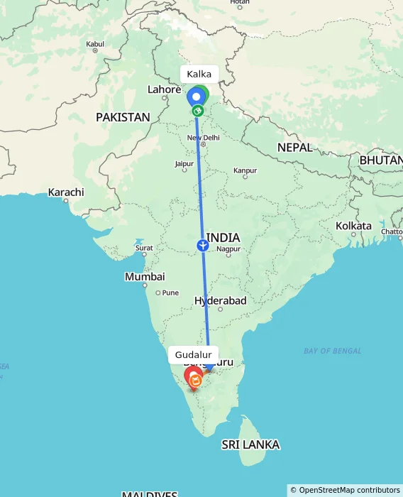 Route map showing distance and travel time from Kalka, India to Gudalur, India