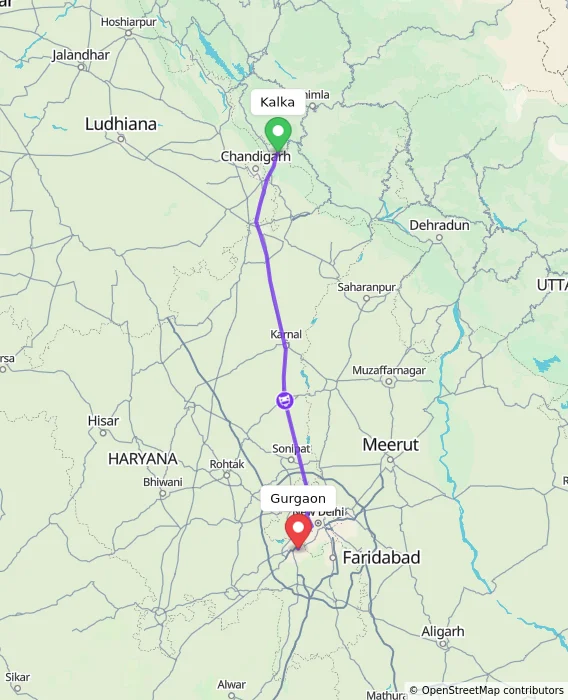 Route map showing distance and travel time from Kalka, India to Gurgaon, India