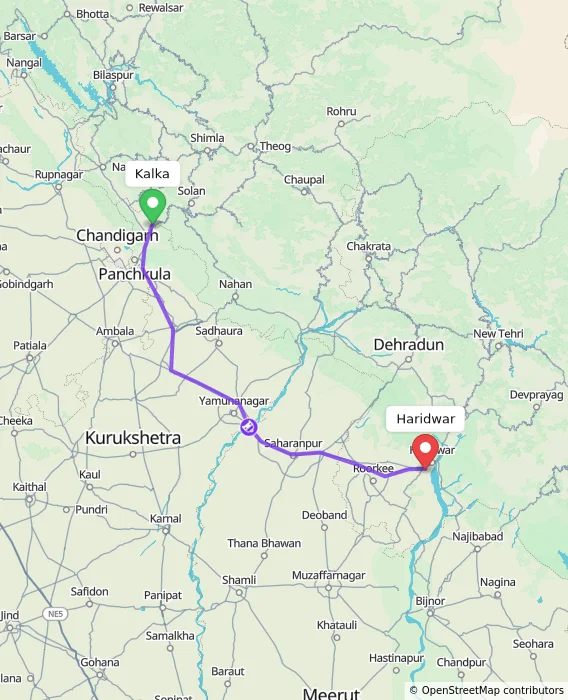 Route map showing distance and travel time from Kalka, India to Haridwar, India
