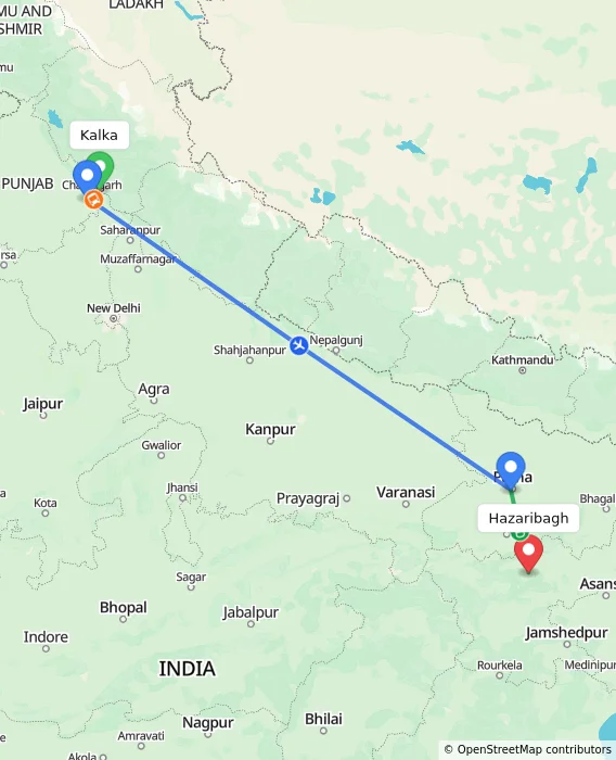 Route map showing distance and travel time from Kalka, India to Hazaribagh, India