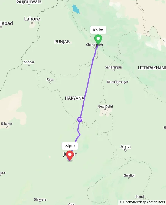 Route map showing distance and travel time from Kalka, India to Jaipur, India