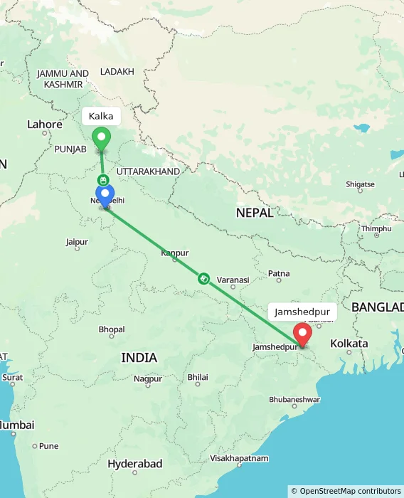 Route map showing distance and travel time from Kalka, India to Jamshedpur, India