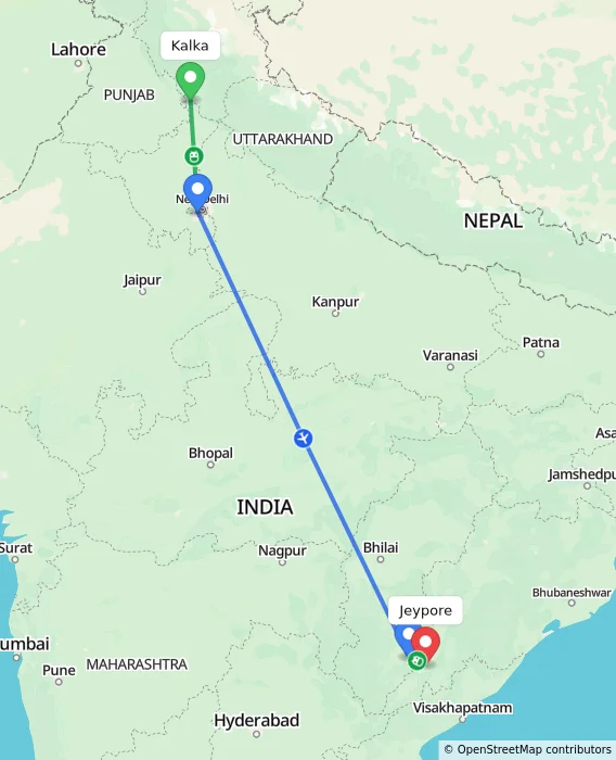 Route map showing distance and travel time from Kalka, India to Jeypore, India