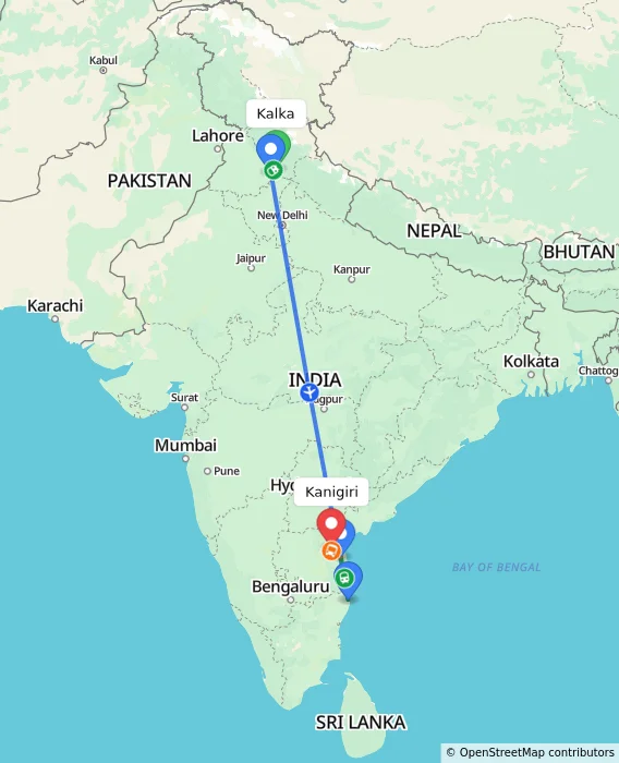 Route map showing distance and travel time from Kalka, India to Kanigiri, India