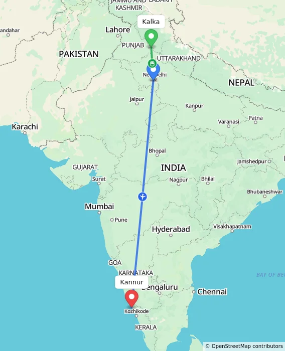 Route map showing distance and travel time from Kalka, India to Kannur, India