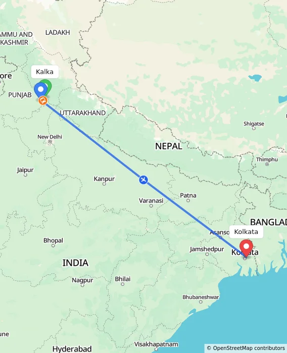 Route map showing distance and travel time from Kalka, India to Kolkata, India