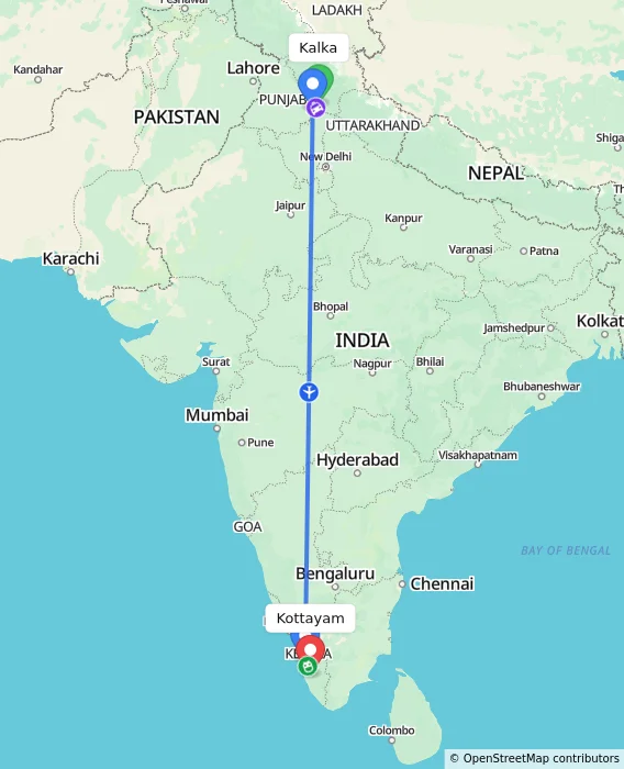 Route map showing distance and travel time from Kalka, India to Kottayam, India