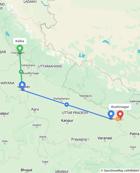 Route map showing distance and travel time from Kalka, India to Kushinagar, India