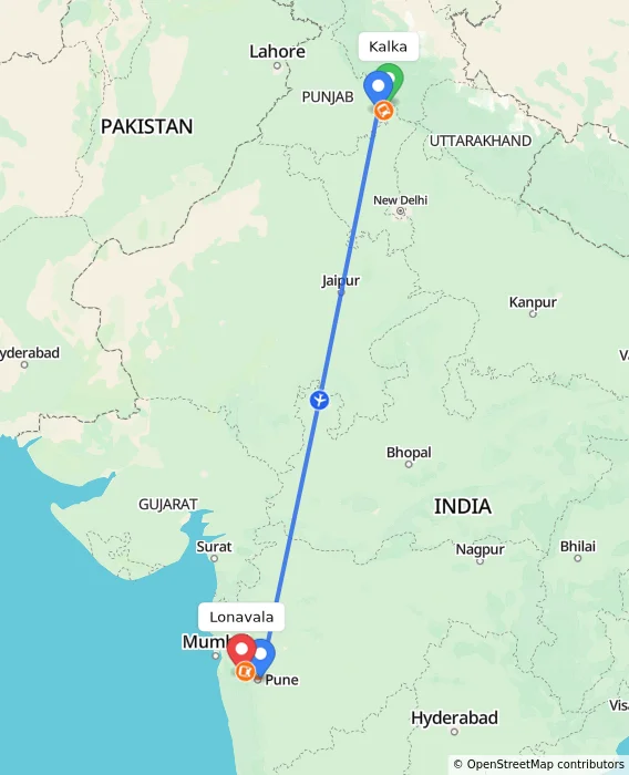 Route map showing distance and travel time from Kalka, India to Lonavala, India